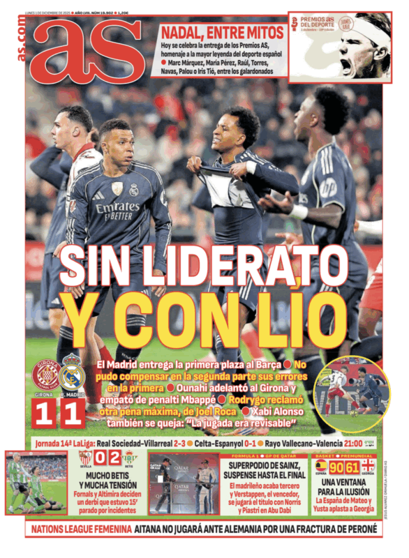 リーガ第14節ジローナ戦翌日AS紙一面：SIN LIDERATO Y CON LIO（首位陥落し混乱へ）