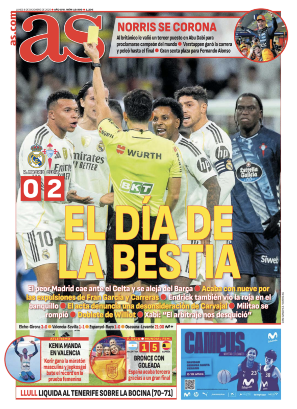 リーガ第15節セルタ戦翌日AS紙一面：EL DÍA DE LA BESTIA（粗暴な日）