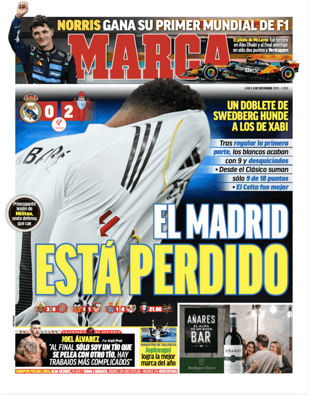 リーガ第15節セルタ戦翌日MARCA紙一面：EL MADRID ESTÁ PERDIDO（途方に暮れるマドリー）