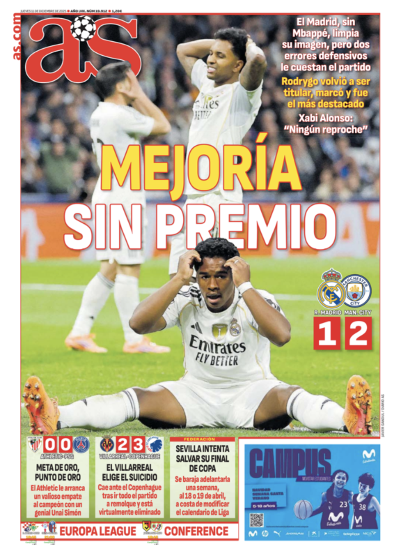 CLリーグフェーズ第6節マンチェスター・シティ戦翌日AS紙一面：MEJORÍA SIN PREMIO（褒美なき改善）