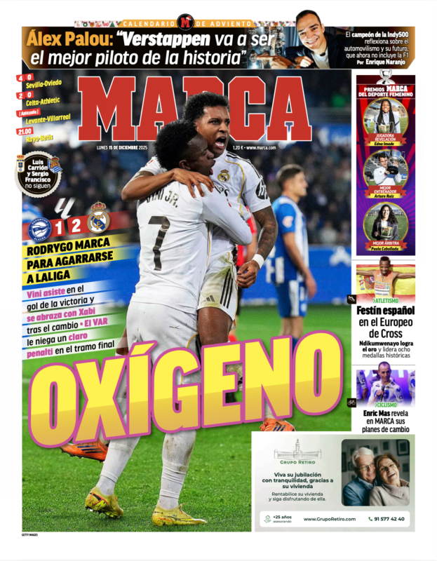 リーガ第16節アラベス戦翌日MARCA紙一面：OXÍGENO（酸素吸入）