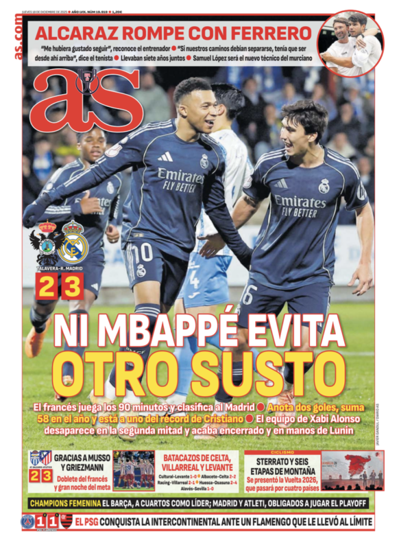 国王杯ラウンド32タラベラ戦翌日AS紙一面：NI MBAPPÉ EVITA OTRO SUSTO（エムバペでさえも新たな危機を回避できず）