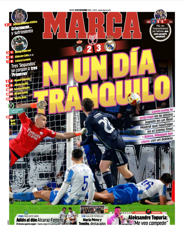 国王杯ラウンド32タラベラ戦翌日MARCA紙一面：NI UN DÍA TRANQUILO（穏やかな1日にならず）