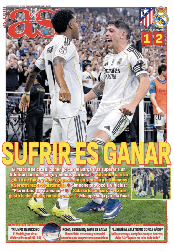 スーペルコパ準決勝アトレティコ戦翌日AS紙一面：SUFRIR ES GANAR（苦しみが勝利につながる）