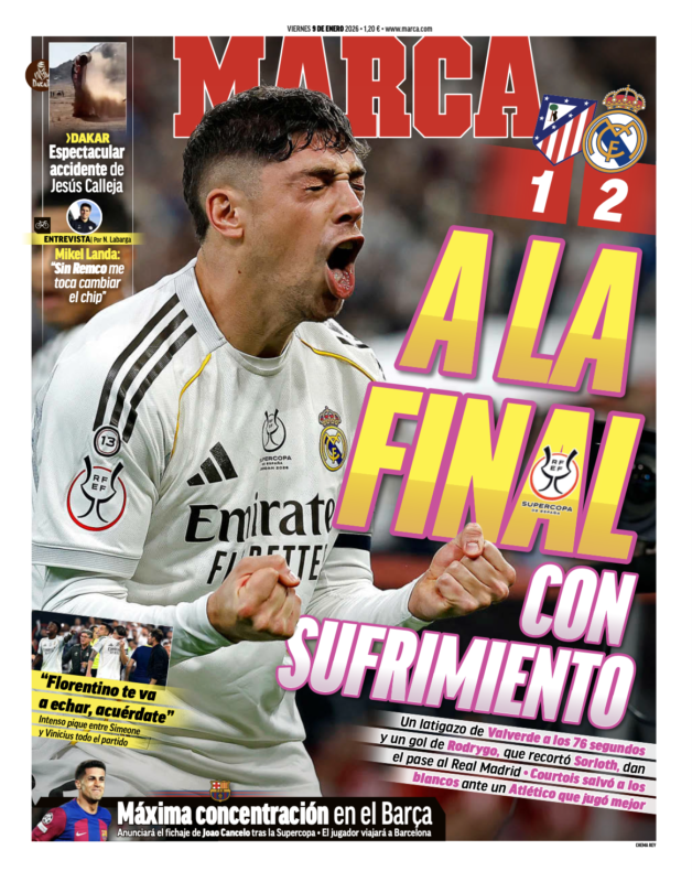 スーペルコパ準決勝アトレティコ戦翌日MARCA紙一面：A LA FINAL CON SUFRIMIENTO（苦しみを伴いながら決勝へ）