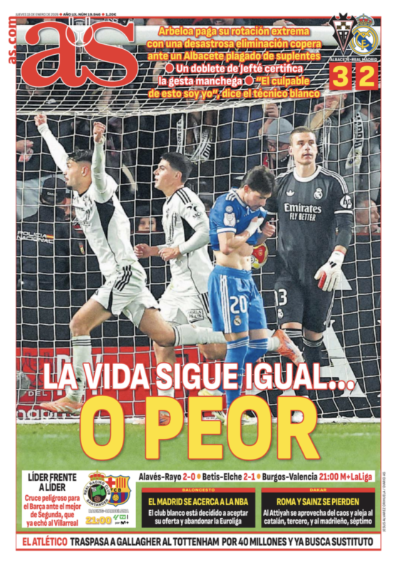 国王杯ラウンド16アルバセーテ戦翌日AS紙一面：LA VIDA SIGUE IGUAL…O PEOR（人生は変わらず…あるいはさらに悪化）