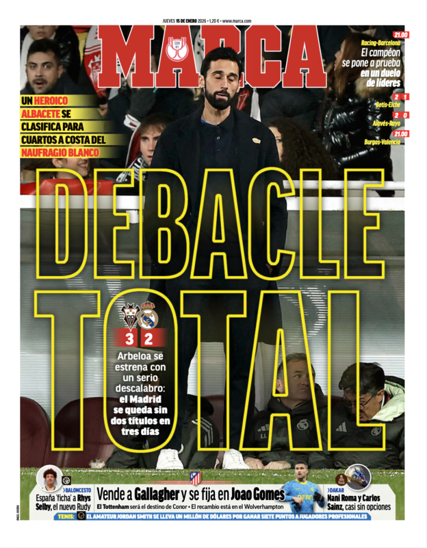 国王杯ラウンド16アルバセーテ戦翌日MARCA紙一面：DEBACLE TOTAL（完全なる大敗北）