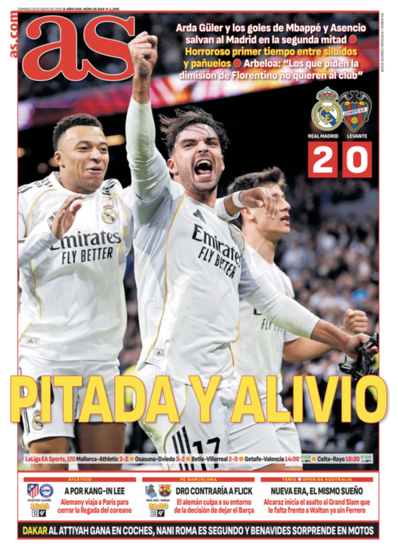 リーガ第20節レバンテ戦翌日AS紙一面：PITADA Y ALIVIO（ブーイングと安堵）