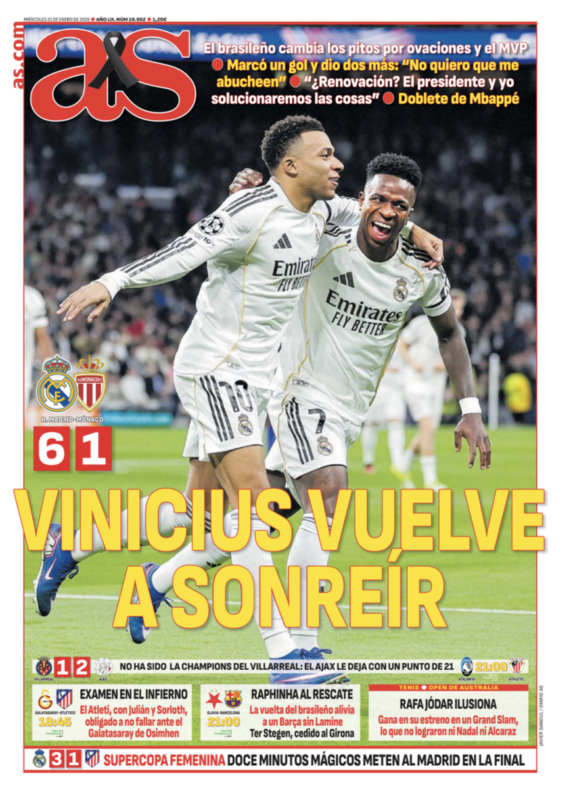 CLリーグフェーズ第7節モナコ戦翌日AS紙一面：VINICIUS VUELVE A SONREÍR（笑顔を取り戻すヴィニシウス）