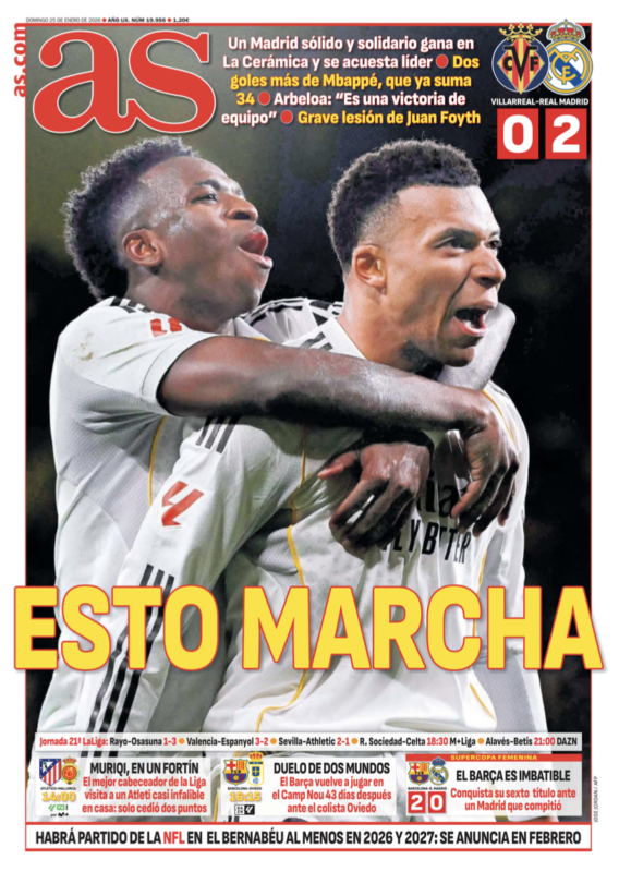 リーガ第21節ビジャレアル戦翌日AS紙一面：ESTO MARCHA（チームがうまく機能）