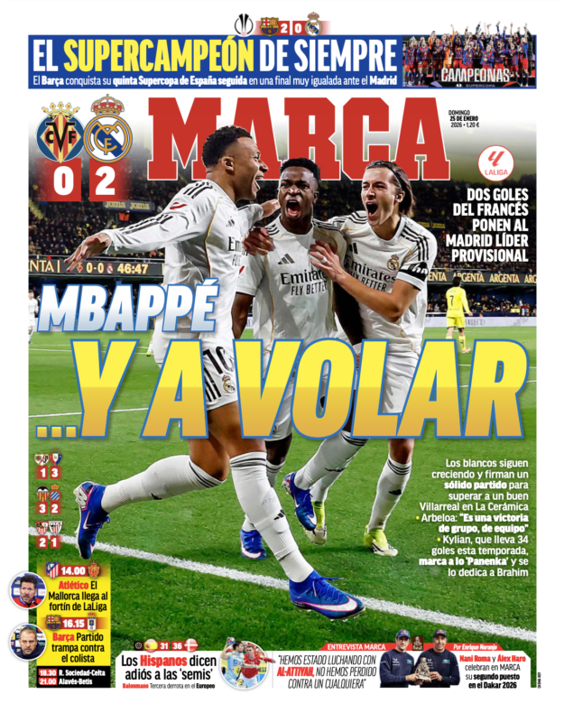 リーガ第21節ビジャレアル戦翌日MARCA紙一面：MBAPPÉ …Y A VOLAR（エムバペ…そして飛翔）