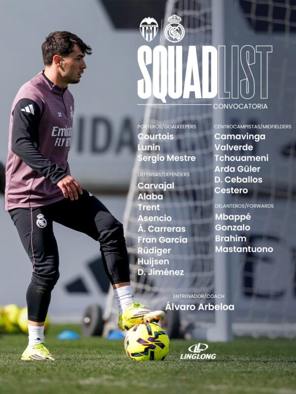 リーガ第23節バレンシア戦招集メンバー22名：ヴィニシウス、ベリンガム、ロドリゴが欠場
