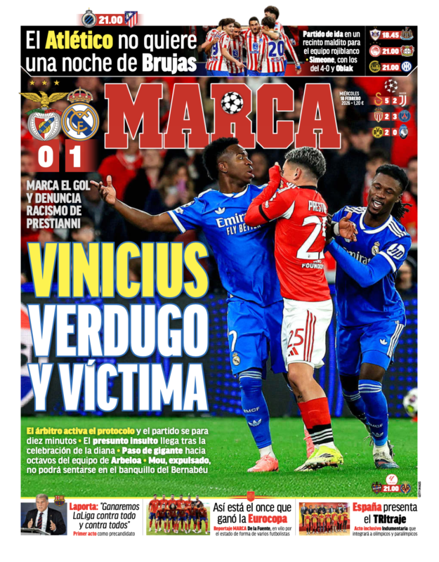 CL決勝トーナメントプレーオフ第1戦ベンフィカ戦翌日MARCA紙一面：VINICIUS VERDUGO Y VÍCTIMA（ヴィニシウス、死刑執行人と被害者に）