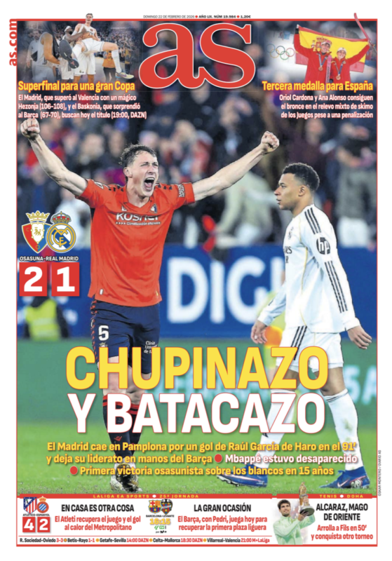 リーガ第25節オサスナ戦翌日AS紙一面：CHUPINAZO Y BATACAZO（サン・フェルミン祭の始まりと躓き）