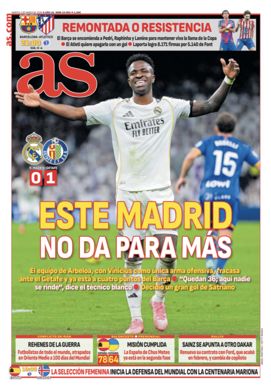 リーガ第26節ヘタフェ戦翌日AS紙一面：ESTE MADRID NO DA PARA MÁS（このマドリーはもう限界だ）