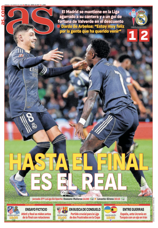 リーガ第27節セルタ戦翌日AS紙一面：HASTA EL FINAL ES EL REAL（最後まで戦い抜くのがレアル・マドリードだ）
