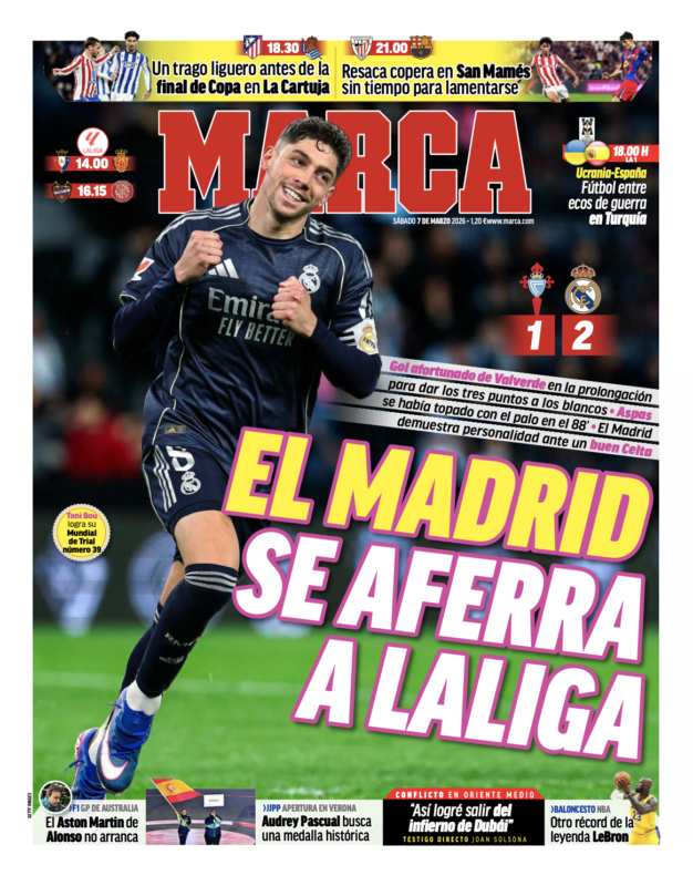 リーガ第27節セルタ戦翌日MARCA紙一面：EL MADRID SE AFERRA A LALIGA（リーガ優勝争いにしがみつくマドリー）