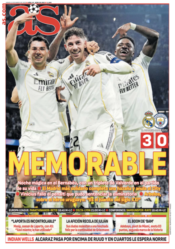 CLラウンド16第1戦マンチェスター・シティ戦翌日AS紙一面：MEMORABLE（忘れられない試合）