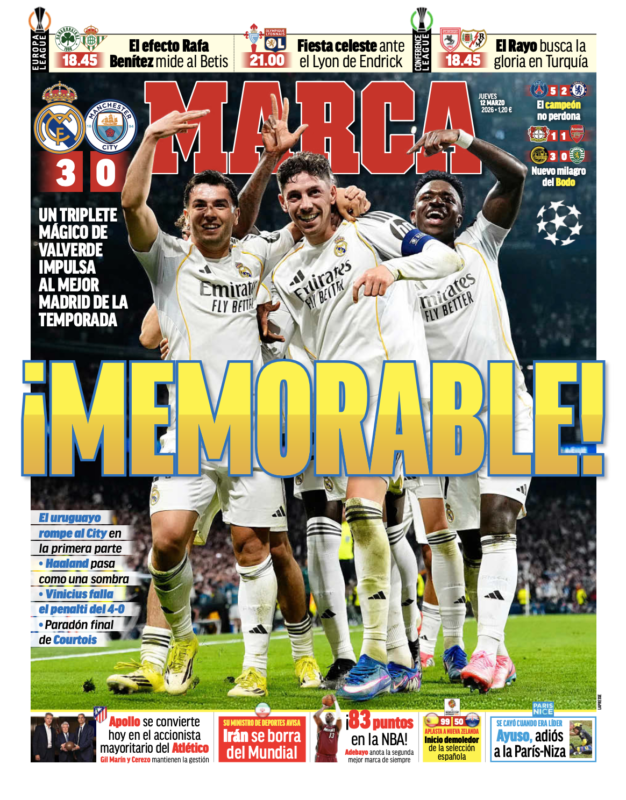 CLラウンド16第1戦マンチェスター・シティ戦翌日MARCA紙一面：¡MEMORABLE!（記憶に刻まれる試合）