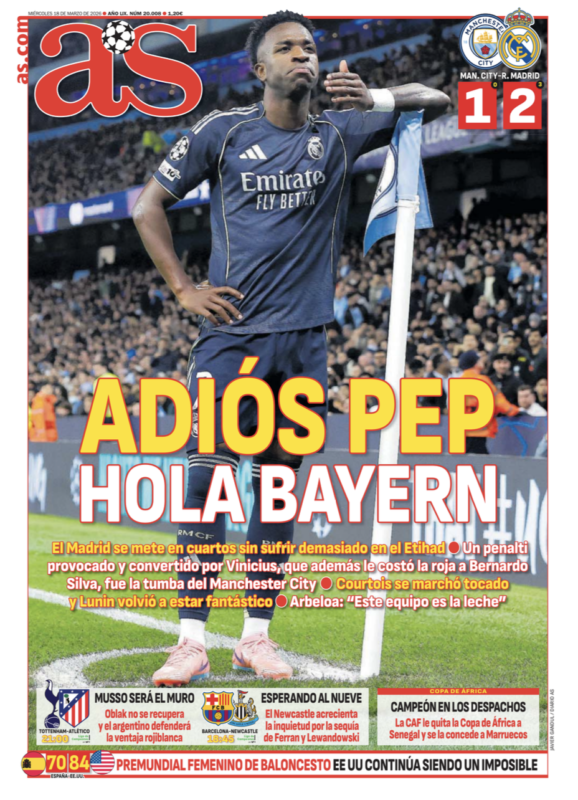 CLラウンド16第2戦マンチェスター・シティ戦翌日AS紙一面：ADIÓS PEP HOLA BAYERN（アディオス ペップ、オラ バイエルン）