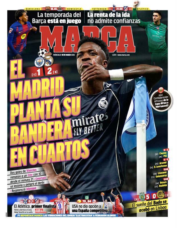 CLラウンド16第2戦マンチェスター・シティ戦翌日MARCA紙一面：EL MADRID PLANTA SU BANDERA EN CUARTOS（マドリーが準々決勝進出決定）