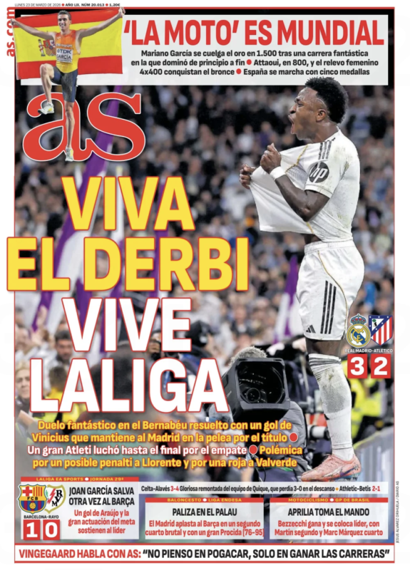 リーガ第29節アトレティコ戦翌日AS紙一面：VIVA EL DERBI VIVE LALIGA（ダービー万歳、リーガはまだ生きている）