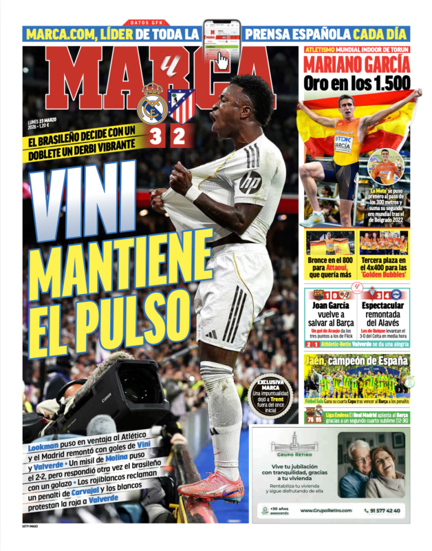 リーガ第29節アトレティコ戦翌日MARCA紙一面：VINI MANTIENE EL PULSO （ヴィニが勢いを維持）