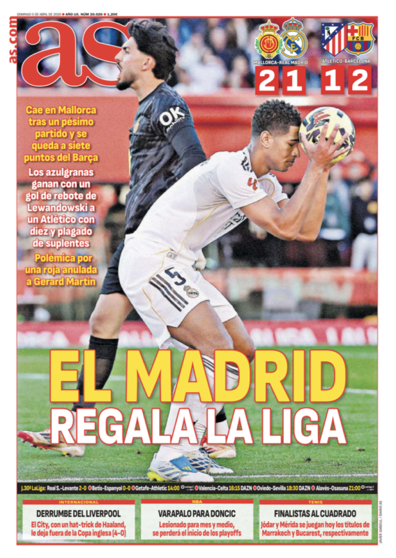 リーガ第30節マジョルカ戦翌日AS紙一面：EL MADRID REGALA LA LIGA（マドリーがリーガをプレゼント）