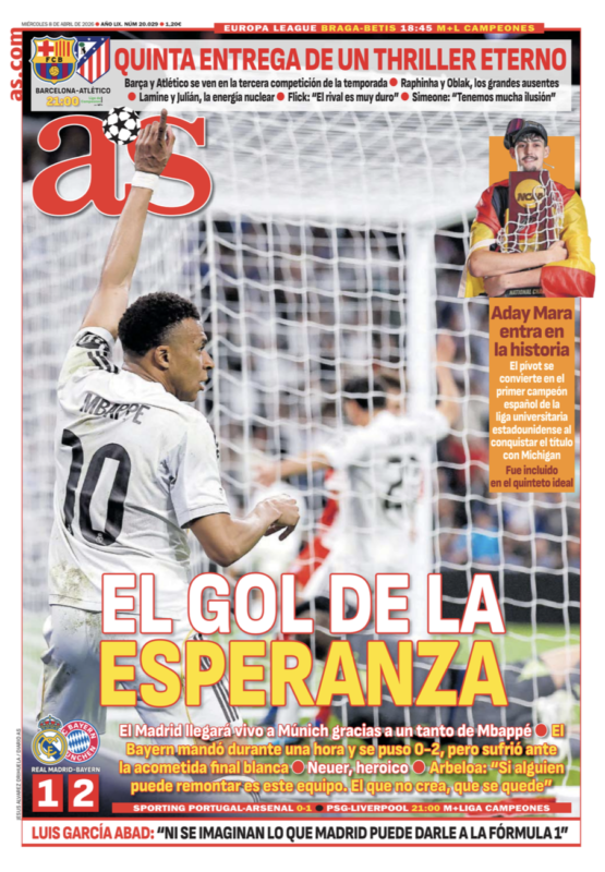 CL準々決勝第1戦バイエルン・ミュンヘン戦翌日AS紙一面：EL GOL DE LA ESPERANZA（希望のゴール）