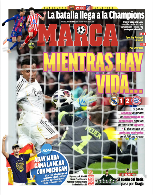 CL準々決勝第1戦バイエルン・ミュンヘン戦翌日MARCA紙一面：MIENTRAS HAY VIDA…（命がある限り…）