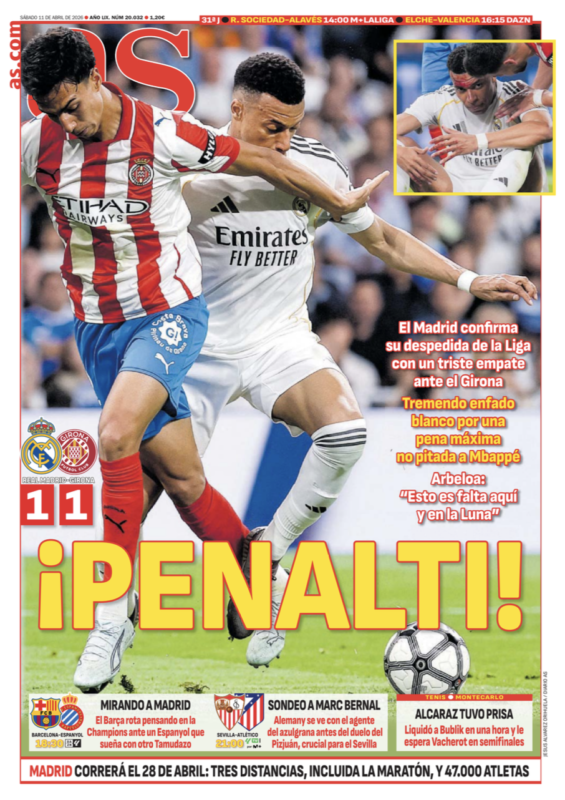 リーガ第31節ジローナ戦翌日AS紙一面：¡PENALTI!（ペナルティ!）