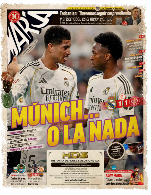 リーガ第31節ジローナ戦翌日MARCA紙一面：MÚNICH…O LA NADA（ミュンヘン…あるいは何もなし）