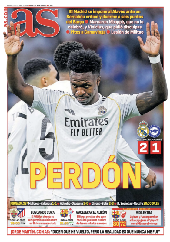 リーガ第33節アラベス戦翌日AS紙一面：PERDÓN（謝罪）