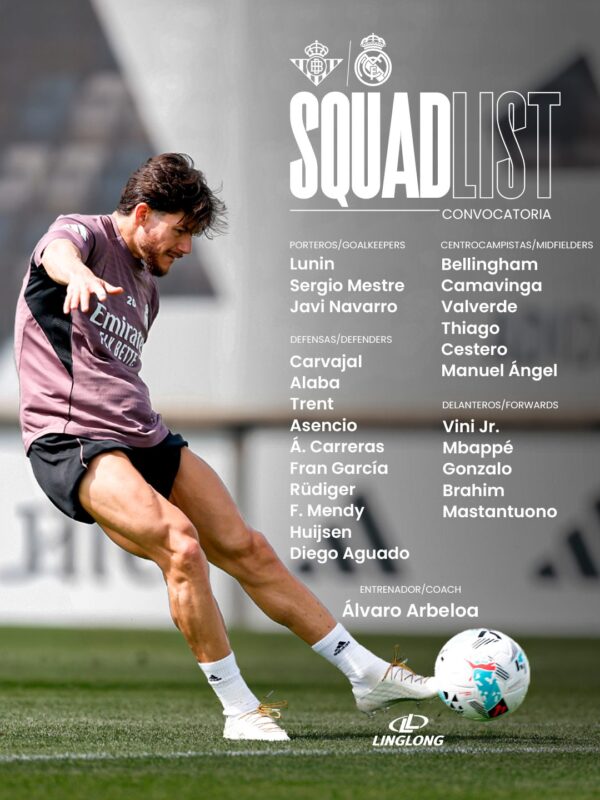 リーガ第32節ベティス戦招集メンバー24名：ロドリゴ、クルトゥワ、ミリトン、ギュレル、チュアメニ、セバージョス欠場