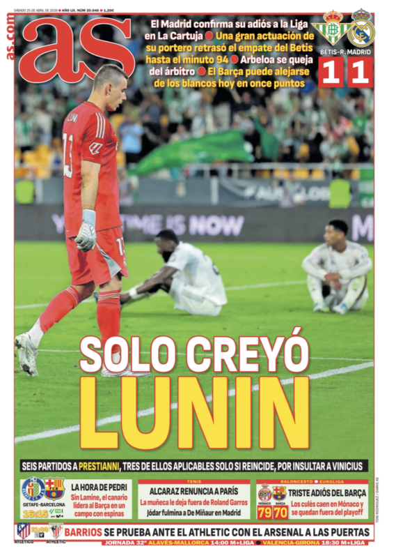 リーガ第32節ベティス戦翌日AS紙一面：SOLO CREYÓ LUNIN（信じていたのはルニンのみ）