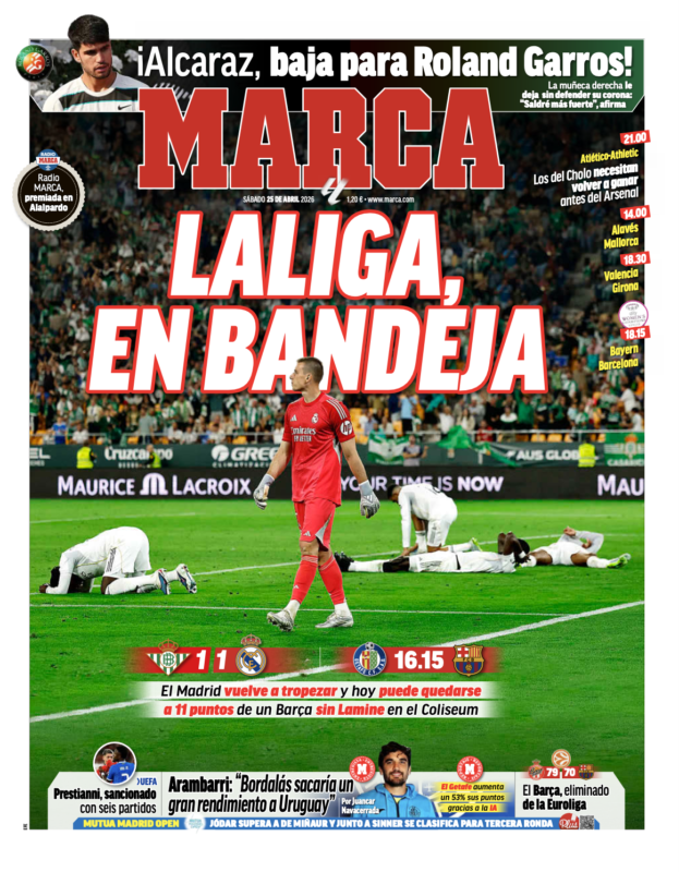 リーガ第32節ベティス戦翌日MARCA紙一面：LALIGA, EN BANDEJA（リーガを差し出すマドリー）