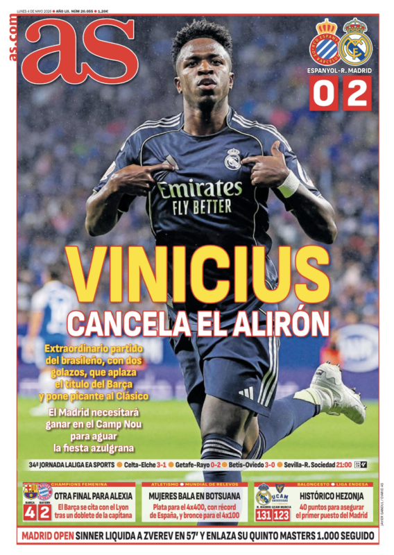 リーガ第34節エスパニョール戦翌日AS紙一面：VINICIUS CANCELA EL ALIRÓN （ヴィニシウス バルサの優勝祝賀会をキャンセル）