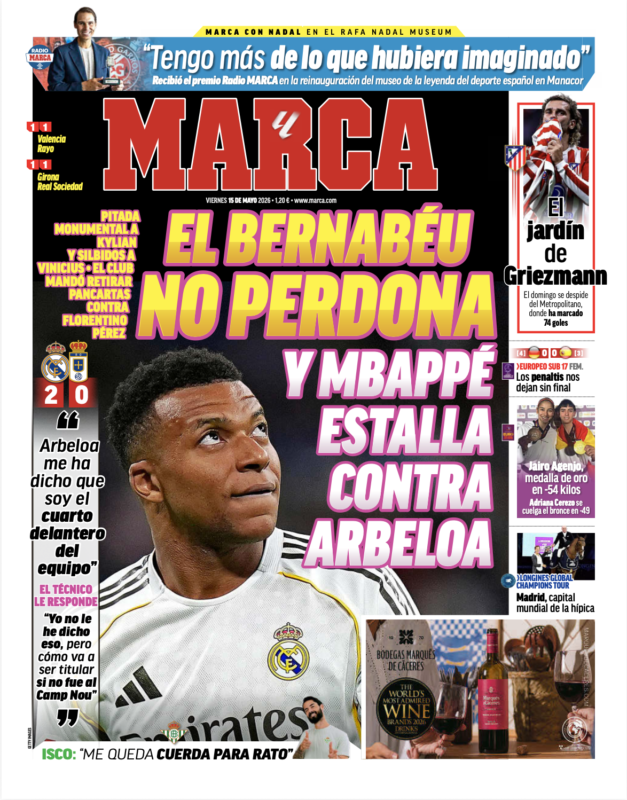 リーガ第36節オビエド戦翌日MARCA紙一面：EL BERNABÉU NO PERDONA Y MBAPPÉ ESTALLA CONTRA ARBELOA（ベルナベウは容赦せず、エムバペはアルベロアに爆発）
