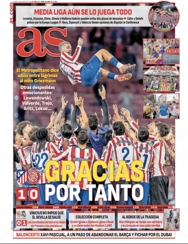 リーガ第37節セビージャ戦翌日AS紙一面：VINICIUS NO IMPIDE QUE EL SEVILLA SE SALVE（ヴィニシウス、セビージャの残留を妨げず）