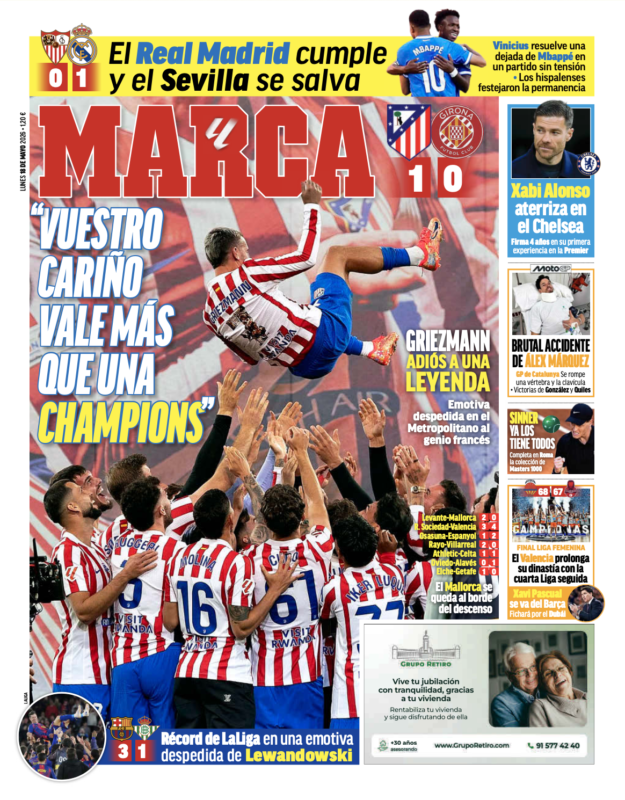 リーガ第37節セビージャ戦翌日MARCA紙一面：El Real Madrid cumple y el sevilla se salva（レアル・マドリードは目標達成し、セビージャは残留決定）