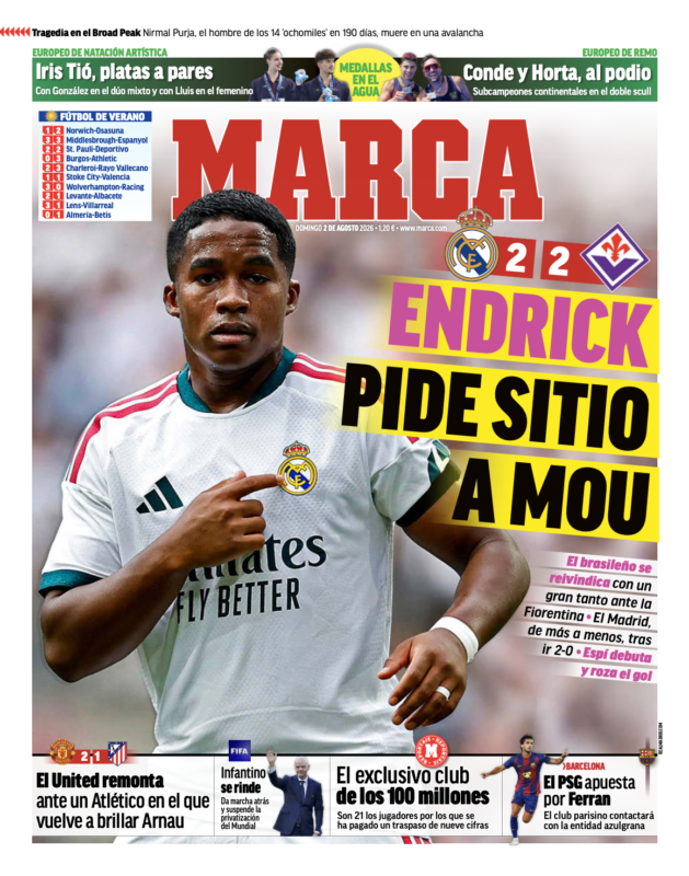 プレシーズンマッチ・フィオレンティーナ戦翌日MARCA紙一面：ENDRICK PIDE SITIO A MOU（エンドリッキがモウにポジション要求）