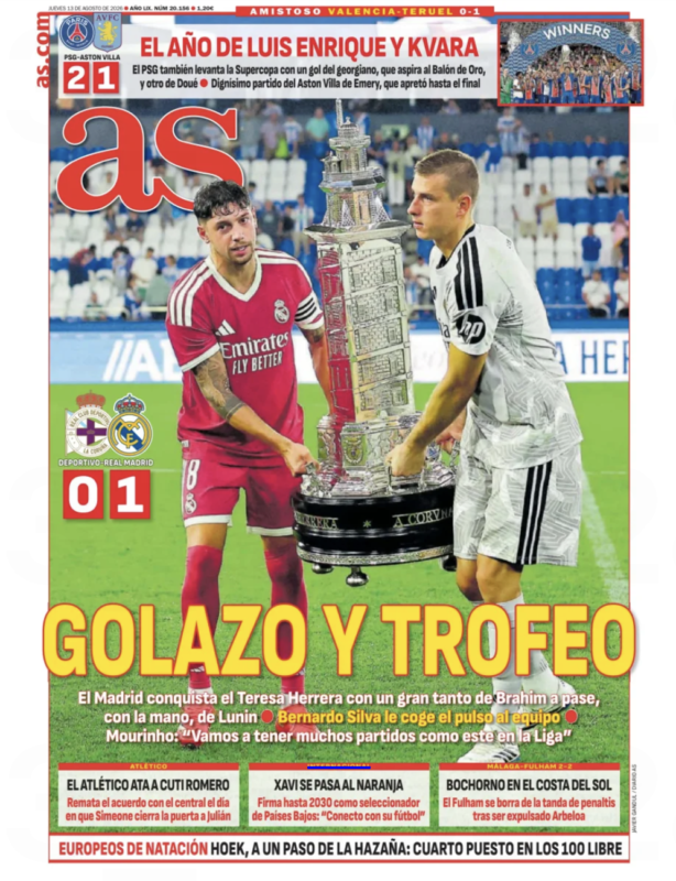 プレシーズンマッチ第5戦デポルティーボ・ラ・コルーニャ戦翌日AS紙一面：GOLAZO Y TROFEO（ゴラッソ、そしてトロフィー獲得）
