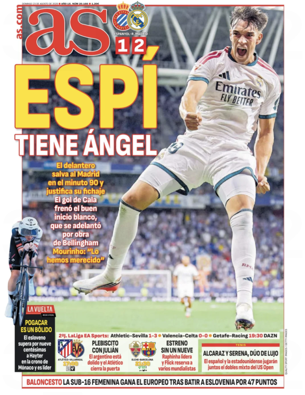 ラ・リーガ第2節エスパニョール戦翌日AS紙一面：ESPÍ TIENE ÁNGEL（エスピには特別な魅力あり）