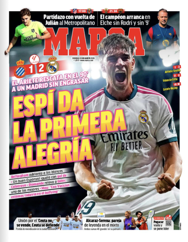 ラ・リーガ第2節エスパニョール戦翌日MARCA紙一面：ESPÍ DA LA PRIMERA ALEGRÍA（エスピが最初の喜びをもたらす）