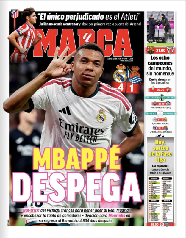 ラ・リーガ第1節レアル・ソシエダ戦翌日MARCA紙一面：MBAPPÉ DESPEGA（飛躍するエムバペ）