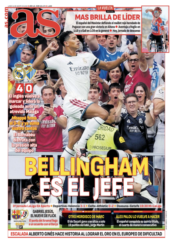 ラ・リーガ第3節マラガ戦翌日AS紙一面：BELLINGHAM ES EL JEFE（ベリンガムがボスだ）