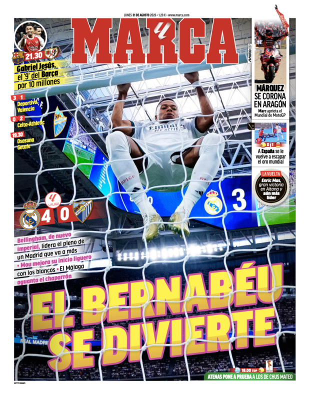 ラ・リーガ第3節マラガ戦翌日MARCA紙一面：EL BERNABÉU SE DIVIERTE（プレーを享受するベルナベウ）