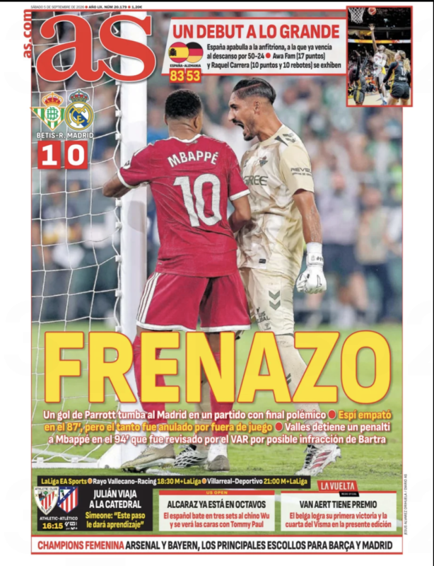 ラ・リーガ第4節ベティス戦翌日AS紙一面：FRENAZO（急ブレーキ）