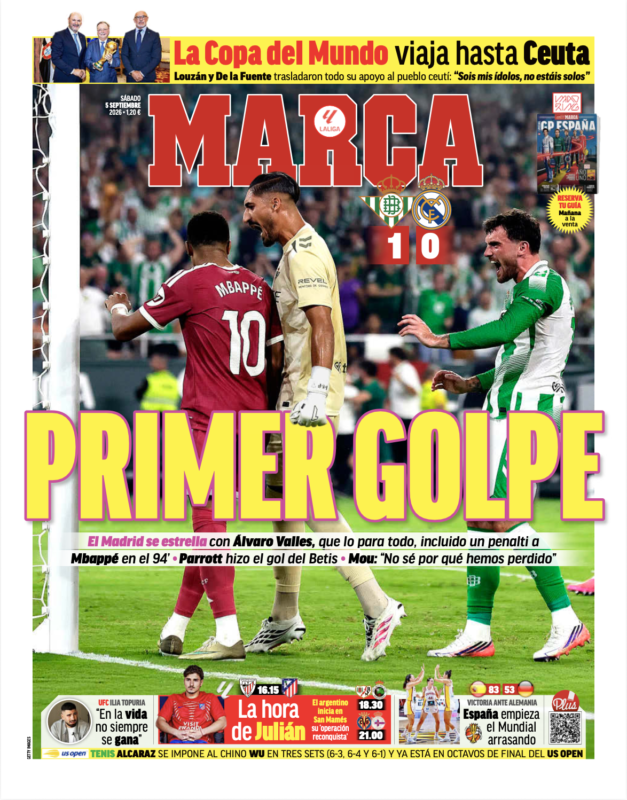 ラ・リーガ第4節ベティス戦翌日MARCA紙一面：PRIMER GOLPE（最初の打撃）
