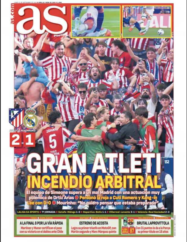 ラ・リーガ第7節アトレティコ戦翌日AS紙一面：GRAN ATLETI INCENDIO AEBITRAL（偉大なアトレティ、判定で大騒動）